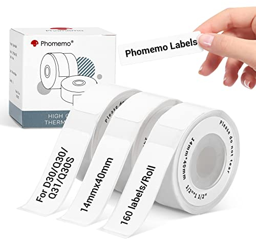 Phomemo D30 Etiketten, Weiß Etiketten Selbstklebend Kompatibel mit Colorwing Q30, Phomemo D30 Q31 Q30S Etikettendrucker, 14mm x 40mm Schriftband mit 160 Blatt/Rolle, 3 Rollen