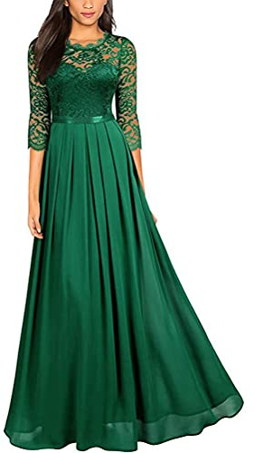 Onsoyours Damen Spitzenkleider Hochzeit Chiffon Abendkleider Elegant 3/4 Ärmel Langes Kleid Plissee Maxikleider Cocktail Party Ballkleider Grün L