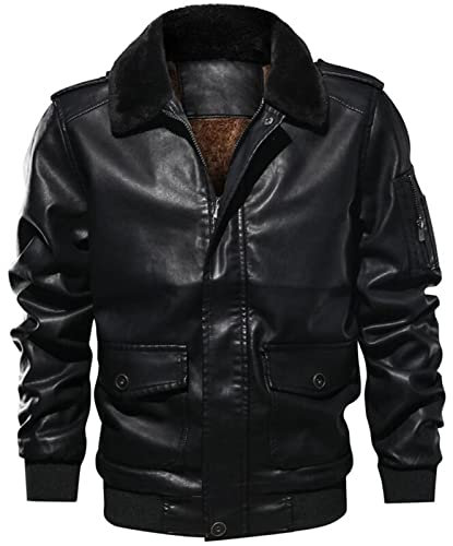 ROTAKUMA Hommes hiver chaud épais Puce Jacket Bomber Cuir Veste Mâle Faux Moto Manteaux de fourrure rétro (Color : Black, Size : XXL)
