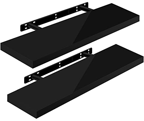 WOLTU Wandregal Volato Set von 2 Regalen Wandboard freischwebend Schweberegal CD DVD Regal Bücherregal Holz Board 80x22,9x3,8cm Hochglänzend Schwarz RG9480sz-2