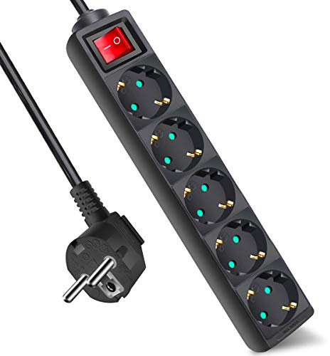 EXTRASTAR Steckdosenleiste, Steckdosenadapter, Verteilersteckdose mit 5 Steckdosen und Schalter, Kabel 1,5 m, für Zuhause, Büro und Reisen, max. 3680 W, 16 A, 250 V, Schwarz, 1 Stück