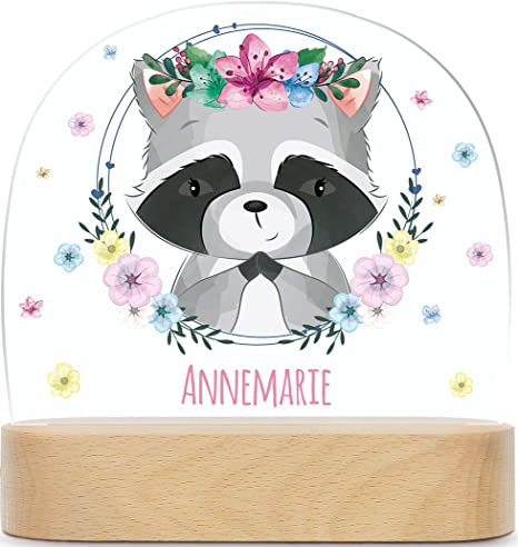 GRAVURZEILE Personalisiertes LED Nachtlicht für Kinder - Blumenkranz - Personalisiert mit Namen - Nachttischlampe für das Kinderzimmer - Geschenk für Kinder & Babys - Baby Geschenk - Waschbär
