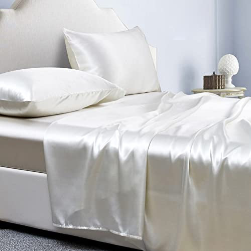 Jemiipee Completo Lenzuola Raso Matrimoniale Tinta Unita 180x200x36 cm - Lenzuola Sotto con Angoli Matrimoniali, Lenzuolo Sopra, 2 Federe - Biancheria da Letto Satin 4 Pezzi - Avorio