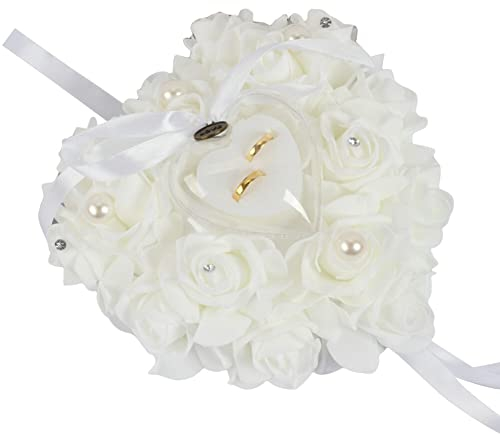 Uposao Ehering Kissen,Romantische Herzform Ringbox Paar Ring Halter Satin Bowknot und Strass Ehering Kissen Eheringe Brautkissen Hochzeit Accessoires Geschenk-Halter für Eheringe Verlobung,Weiße