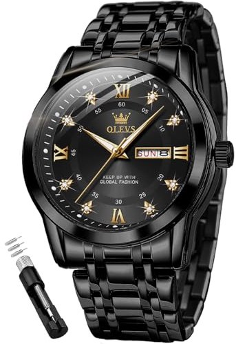 OLEVS Herrenuhren Schwarz Edelstahl Uhr Männer mit Diamant Gesicht Quarz Wasserdicht Lässige Elegante Armbanduhr Geschenk