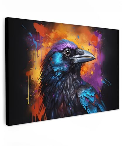MuchoWow© Leinwand 90x60 cm Deko Schlafzimmer Aesthetic Leinwandbilder Wohnzimmer Gemälde Foto Geschenk Living Room Decoration Banksy - Street Pop Art - Vogel - Krähe - Graffiti - Schwarz