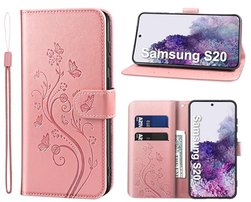 KRAFTCARE Lederhülle für Samsung Galaxy S20 Klapphülle Leder Hülle | Premium PU Leder mit Prägung, Kartenfach, Ständer, Magnetic Closure, RFID Blockierung, Flip Wallet Handyhülle, Rosa