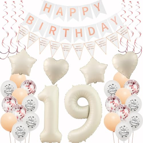 Deko 19. Geburtstag Mädchen Beige Roségold Luftballons 19 Geburtstag Dekoration Mädchen,19 Geburtstag Deko,Geburtstagsdeko 19 jahre Mädchen,Happy 19th Birthday Girlande 19 Geburtstag Party Deko