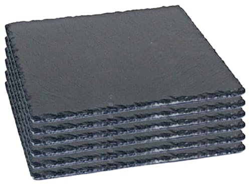 Acan Tradineur - Pack de 6 Platos de Pizarra Cuadrado, Bandeja para hosteleria, Servicio y degustación, Canto rústico, Tabla de Piedra Natural para Servir Aperitivos - 30 x 30 cm