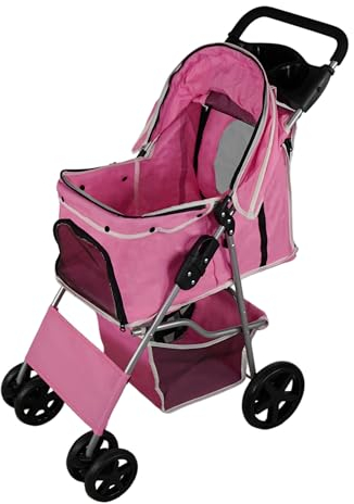 Passeggino per animali domestici Passeggino Rosa Trasportino da Viaggio Pieghevole Portata 15kg 4 Ruote Freni Gatto Cane Gancio di Sicurezza Cuscino GRATIS Copertura Antipioggia Impermeabile
