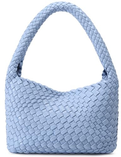 NOBLIFE Gewebte Tasche für Damen, kleine vegane Leder Sommer Strand Geldbörse und Reisehandtaschen Damen Retro Chic Schultertaschen, Himmelblau, Small