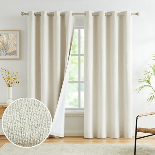 FMFUNCTEX Leinen 100% Verdunklungsvorhänge Vorhang Blickdicht Gardinen mit Ösen kurz Hellbeige 245×132cm(H×B) für Wohnzimmer Schlafzimmer,2er Set