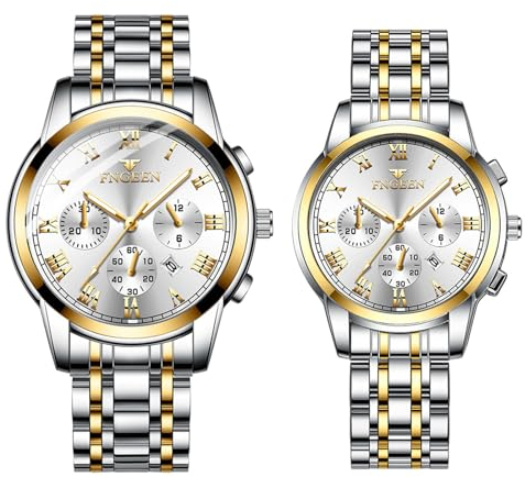JewelryWe Paar Uhren Edelstahl Leuchtzeiger: Datum Kalender 30m Wasserdicht Analog Quarz Pärchen Armbanduhr Partner Freundschaft Uhr mit Weiß Römischen Ziffern Zifferblatt & Edelstahl Band