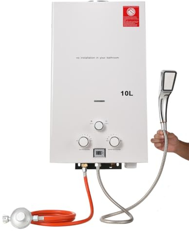 TABODD 10 l Propan-Gas-Durchlauferhitzer mit Druckregler, 20 kW Durchlauferhitzer mit LPG, tragbarer Brenner für Durchlauferhitzer, ohne Tank mit Duschset für Camping, Weiß