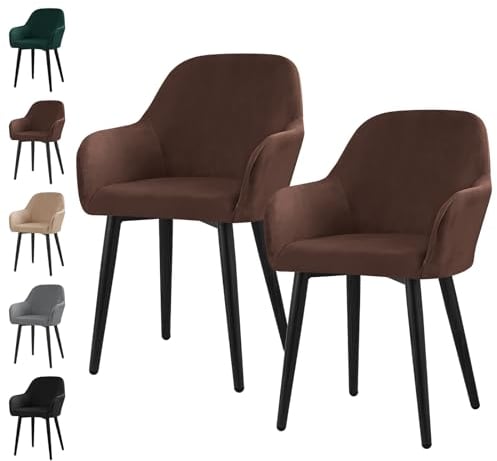 Alishomtll Stretch Samt Stuhlhussen 2er Set Universal Sesselbezug Stuhlbezug mit Armlehnen Abnehmbare Waschbar Esszimmerstühle Bezug für Küche Esszimmer Bankett Hochzeit Party (Braun, 2 Stück)