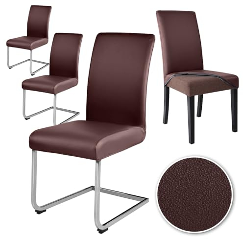 Alishomtll Stretch PU Stuhlhussen 4er Set Kunstleder Stuhlbezug Schwingstuhl wasserdicht Elastische Esszimmer Universell Waschbarer Stuhlbezüge für Küche Restaurant Hotel Hochzeit (Kaffee, 4 Stück)
