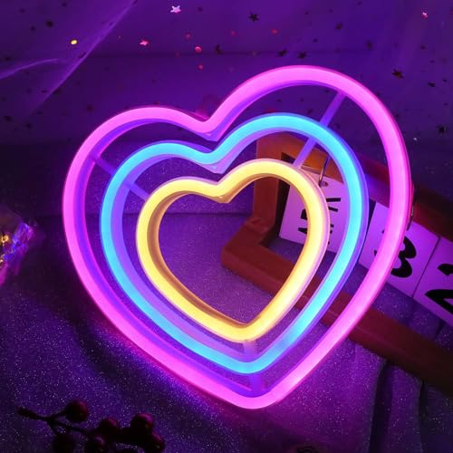 DWOOKE Herz Neonschilder,Regenbogenherz Neonlichter für Wanddekoration,LED Neonschild,batterie/USB-betrieben, bunte Liebesherz Neonlichter für Schlafzimmer,Mädchenzimmer, Party,Valentinstag,Hochzeit