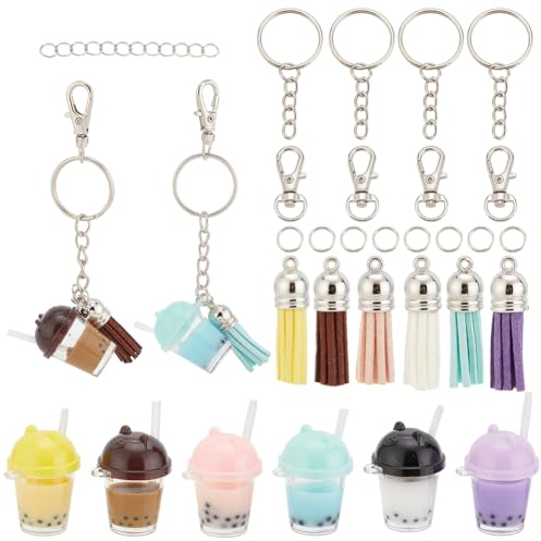 arricraft 62 Stück Tassen-Schlüsselanhänger-Bastelset, Einschließlich 6 Farbe Bär Mini Cup Charms 3D Harz Bubble Tea Anhänger Und Quastenanhänger Drehverschlüsse Ketten Für DIY Schlüsselanhänger