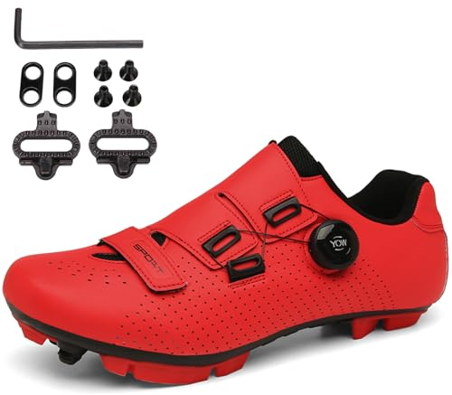 SDEQA Herren MTB Schuhe Damen, Fahrradschuhe Mountainbike Schuhe kompatibel mit SPD 2 Schrauben mit Cleats Radsportschuhe Draussen Radsportschuhe,Rot,39 EU
