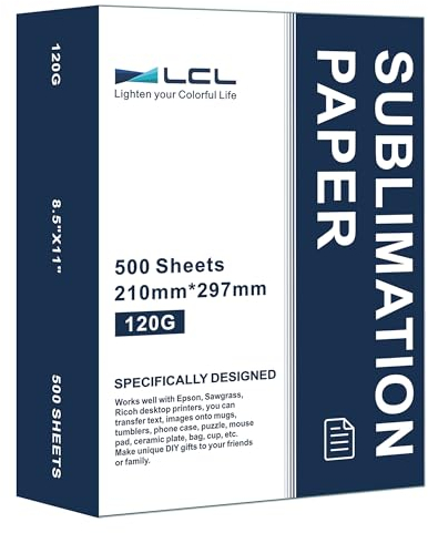 LCL Carta per sublimazione A4, 210x297 mm, 500 fogli, 120 g/m², compatibile con stampanti a sublimazione EPSON, SAWGRASS, RICOH e Brother