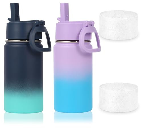 Volhoply 410ml 14oz Water Bottle with Straw Lid and Silicone Boot Bulk 2 Pack,Stainless Steel Insulated Tumbler for Boys & Girls Multipack,Double Wall Vacuum Leakproof Kids Bottles(Assorted,2)