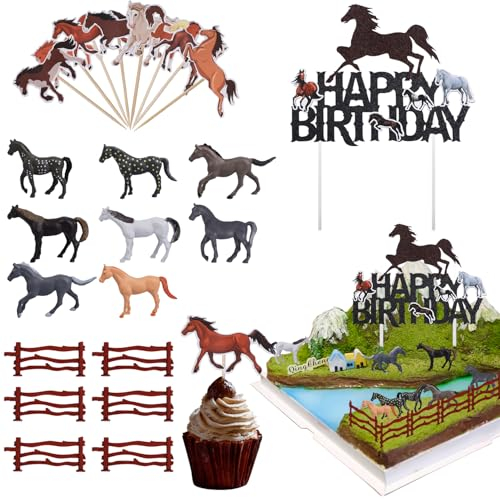 Fizdoqg 23 Stück Pferde Geburtstagsdeko Pferde Tortendeko Realistische Pferde Kuchen Deko Cupcake Toppers für Geburtstag Thema Party, Muffin Deko