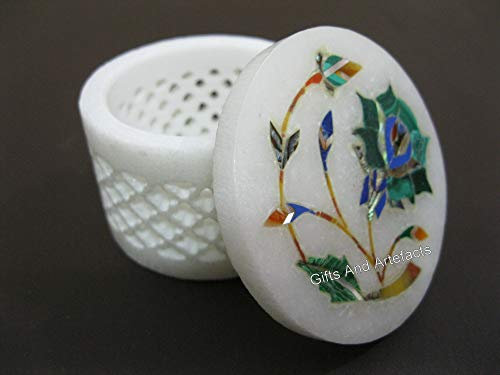 Gifts And Artefacts 2.5 Inches Round Shape White Marble Jewelry Box for Table Decor Shiny Gemstone Inlay Work Chain Box
