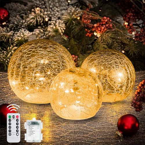 LED Glaskugel Lichterketten,LED Kugelleuchte 3er Set,Weihnachtsdeko Beleuchtet mit Crackle Glas,LED Crackle Glas Lampe,Batteriebetrieben für Innen/Herbstdeko/Tischdeko/Schlafzimmer/Wohnzimmer ﻿