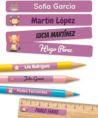 225 Etiquetas adhesivas personalizadas objetos para colegio y guardería - pegatinas personalizadas, etiquetas nombre material escolar - aptas para lavavajillas - Violeta