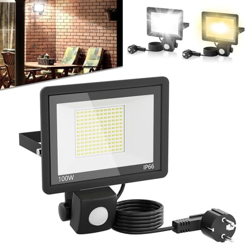 LARS360 LED Aussenlampe mit Bewegungsmelder,100W Led Strahler Außen mit 150cm Stromkabel,IP66 Wasserdicht Außenstrahler aus Aluminium,Fluter Licht für Garten,Terrasse (Mit Stecker, Warmweiß)