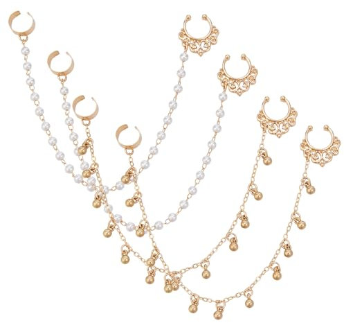 NICENEEDED 2 Stück Nasenring Mit Kette Nase Zu Ohr Kette Mit Quaste Und Perle Fake Septum Ring Nasenring Ohne Piercing Nasen Accessoires