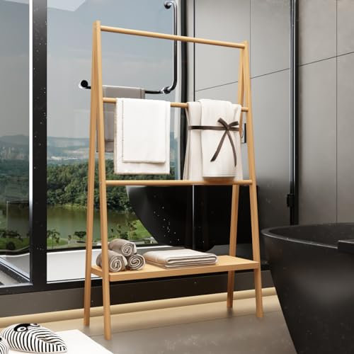 IISEEUU Scaldasalviette, portasciugamani a Scala in bambù con portaoggetti, portasciugamani Indipendente, portasciugamani da Bagno, portasciugamani, Scala per Asciugamani per Bagno, Balcone, Cortile