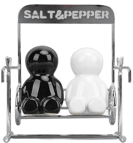 Salt And Pepper Shakers, 2Pcs Travel Salt And Pepper,Kitchen Jars Ceramic Cute Swing Figure Shaker Set Salt and Pepper Dispensers Black White Refillable Salt Shaker Kit