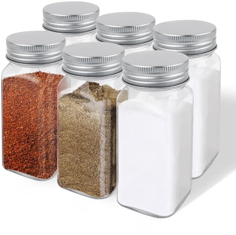 ZUFECY 4oz Glass Spice Bottles with Shaker Lids, Restaurant & Home Kitchen Storage | Square Air-Tight Containers for Spices, Salt, Pepper (Set of 6, 120ml)