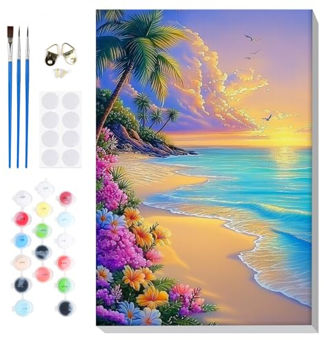 Lxmsja Paysage Peinture Numero Adulte avec Cadre, Peinture par Numero Voir, Peinture Acrylique Plage Numéro d'art avec 3 Pinceaux, Loisirs Créatifs Adultes, Activité Manuelle Adulte, 20x30cm