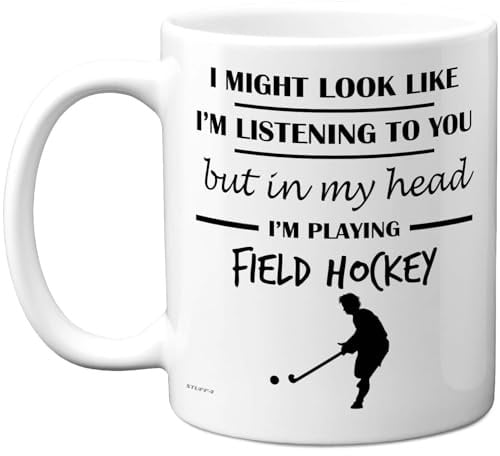 Stuff4 Field Hockey, in My Head Mug | Funny Gift for Field Hockey Lover Women and Men, 11oz Premium Ceramic Dishwasher Safe White Handle Mugs Novelty Cup