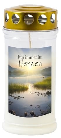 Grabkerze - Gedenkkerze Motiv Für immer im Herzen 70-90 Std. Brenndauer Trauerkerze - Langlebig, 100% Pflanzenöl, Weiß mit Golddeckel TLB