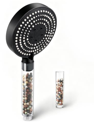 OFFO Duschkopf mit Filter 13cm Groß Handbrause 6 Strahlarten mit 20 Schichten Filtration, Wassersparend Duschbrause, Shower Head mit Kalkfilter, Schwarz+Transparenter Griff