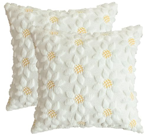 Artoid Mode Cremeweiß Sonnenblumen Weich Künstliche Pelz Jacquard Kissenbezüge 2er Set, 45x45 cm Frühling Plüsch Samt Sofakissen Zierkissenbezug Deko