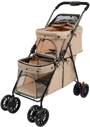 Khaki Faltbarer Hundetrolley, 2-lagiger Pet Stroller Klappbarer Hundebuggy Hundewagen Trolley, für kleine Hunde und Katzen