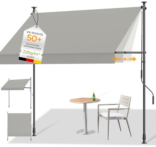 HOMEDEMO Klemmmarkise mit Einstellbare Handkurbel, Balkonmarkise ohne Bohren, Markise Sonnenschutz, UV-beständig & höhenverstellbar für Outdoor, Terrasse, Balkon, Garten, Hellgrau, 300 x 125-150 cm
