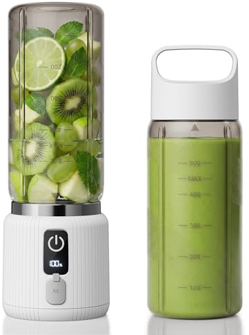 COKUNST Batidora portátil pequeña máquina con indicador LED, USB-C, 500ml | batidos con 8 cuchillas, mini licuadora personal mezclador recargable de 22000RPM con tapa para viajes, gimnasio, blanco
