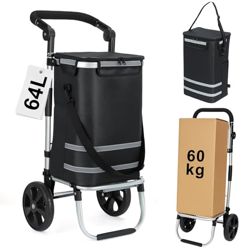Einkaufstrolley 64 L, klappbarer Einkaufswagen mit Aluminiumrahmen, bis 60 kg Tragkraft, große Rollen & höhenverstellbarer Griff, Faltbare Einkaufstasche mit Kühltasche