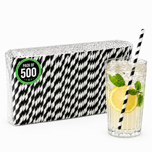 500 x Black & White Stripe Paper Straws Biodegradable Eco 8 (200mm x 6mm)