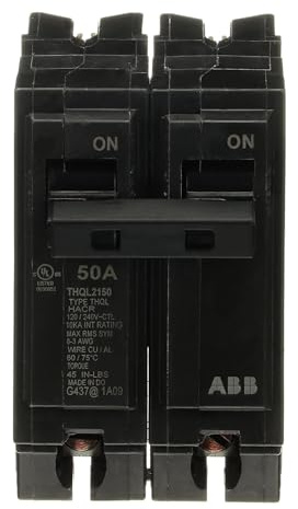 ABB Q-Line® THQL2150 50A Circuit Breaker • 50 Amp Double Pole Breaker, 120/240 VAC, 10 kAIC • Thermal Magnetic Trip • Long-Time & Instantaneous Protection (LI) • Plug-in Mount