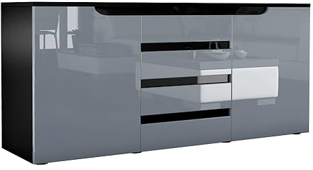 Vladon Sideboard Sylt V1, Kommode mit 2 Türen und 4 Schubladen, Korpus - Anthrazit matt/Front - Grau Hochglanz/Absetzung - Schwarz Hochglanz (138,5 x 75,5 x 35 cm)