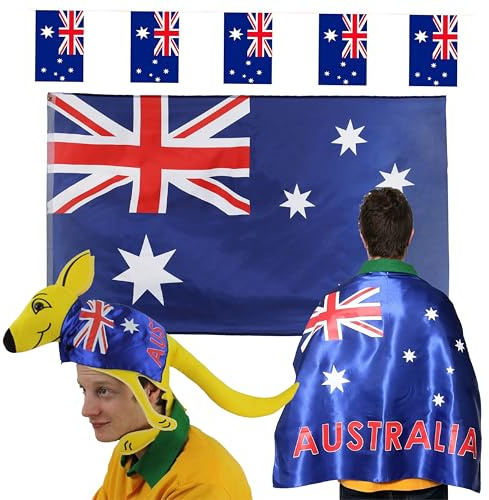 Ilovefancydress Australischer Fußball-Weltmeisterschafts-Fanhänger-Pack – Gelber Kangaroo Hut + tragbarer australischer Flagge + australische Flagge Wimpelkette (30 m) – Australien