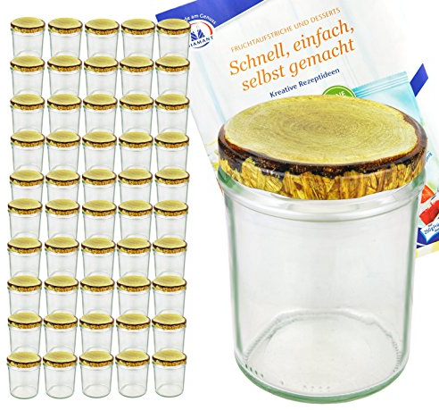 MamboCat 50er Set Sturzglas, 435 ml mit to 82, Deckel mit Holz-Dekor, Einmachglas, Einweckglas inkl. Diamant-Zucker Gelierzauber Rezeptheft