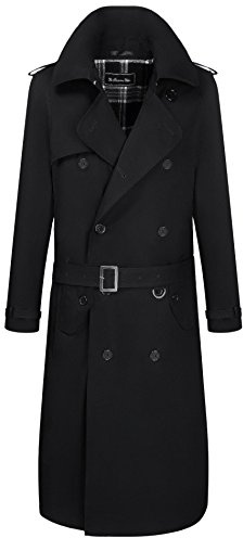 The Platinum Tailor Noir hommes traditionnel double boutonnage long Trench-coat Militaire Coton Imperméable - Noir, Noir, 42