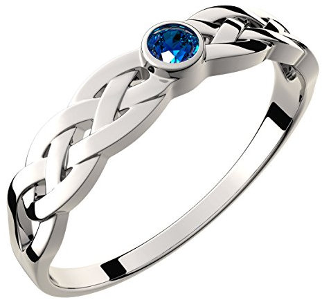 GWG Jewellery Anillo Plata de Ley Decorado con Nudo Celta y Piedra Redonda de Color Zafiro Azul - 5 en Caja de Regalo para Mujeres